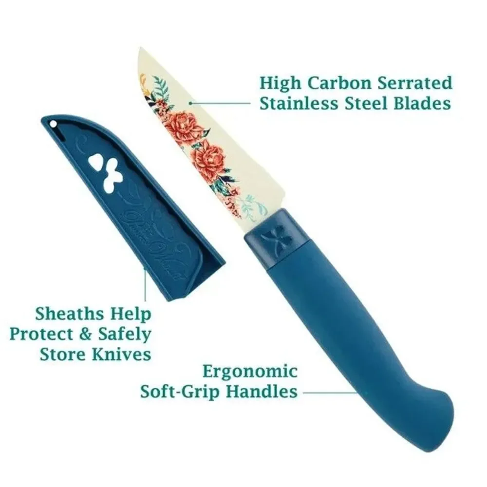 Pioneer Woman Keepsake Floral Stainless Steel Paring Knife Set 3pc Blade Cover